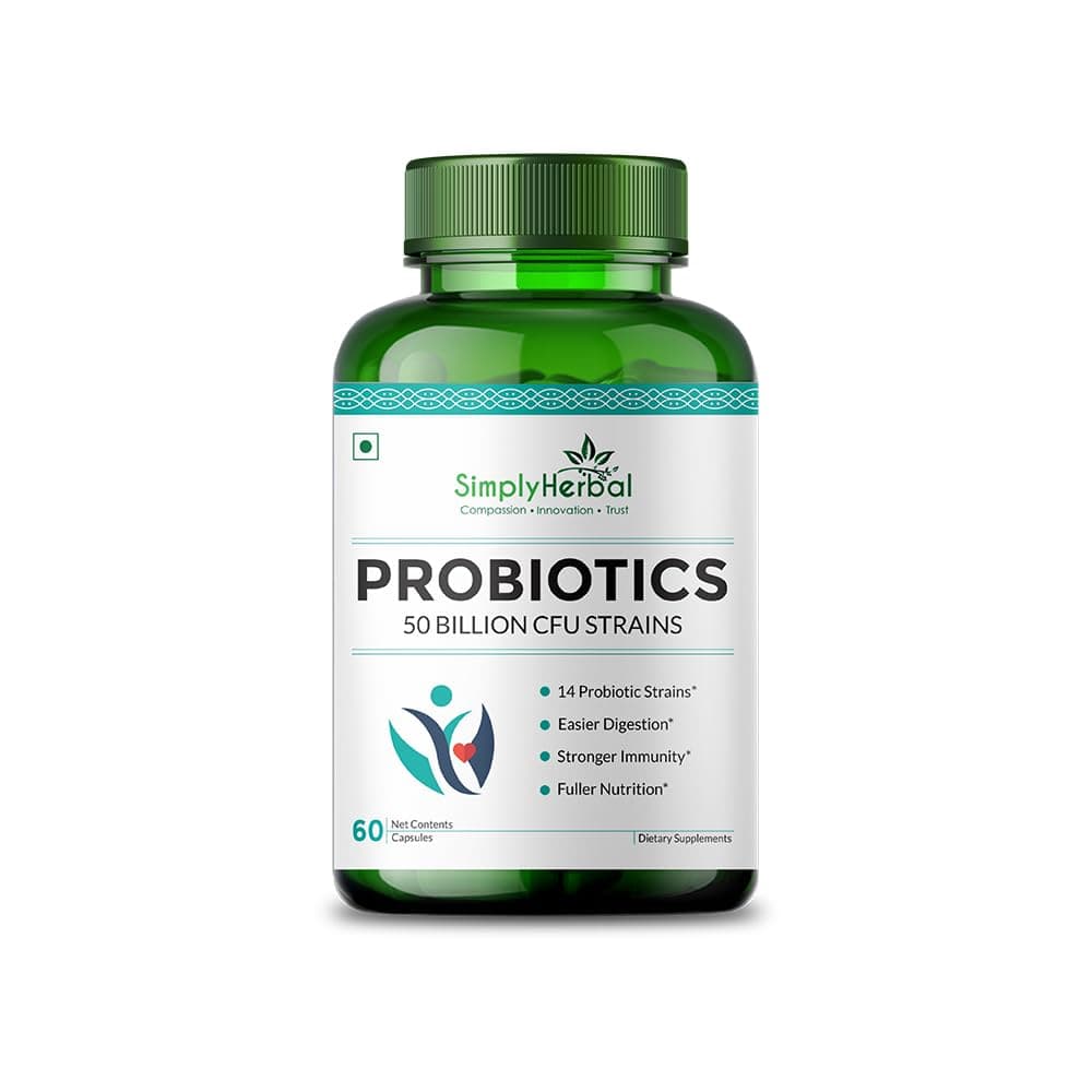 Simply Herbal Probiotics 50 Billion CFU - 14 Strains | Gut Health, Digestion, Immunity & Metabolism Support | 60 Capsules
