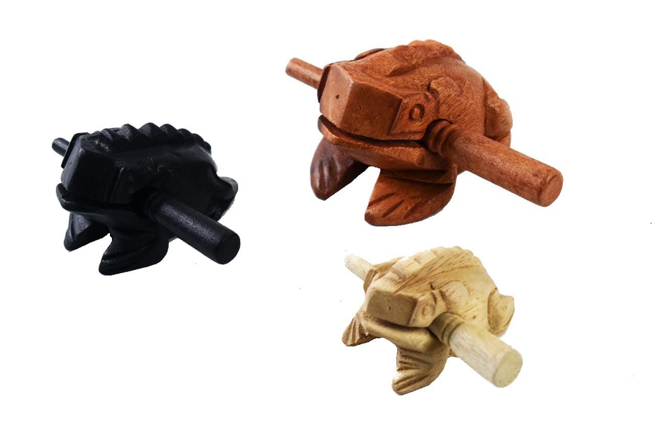 Percussion Instruments Wooden Frog 3 Piece Set of 4 Inch Brow Frog, 3 Inch Black Frog, 2 Inch Natural Wood Frog, Products from Thailand,Wooden Frog Musical Instrument.