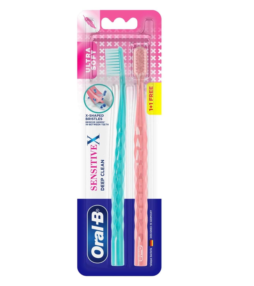 Oral-B Sensitive X Deep Clean Ultra Soft Manual Ttoothbrush For Adults with X filament Technology, Gentle & Deep Clean Between Teeth, Multicolour, Oral B Dentist Recommended Brand (Pack of 2)