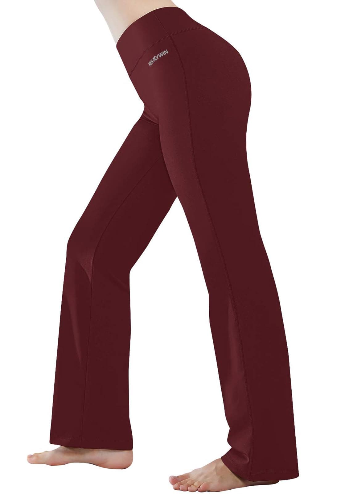HISKYWIN Inner Pocket Yoga Pants 4 Way Stretch Tummy Control Workout Running Pants, Long Bootleg Flare Pants H09-Bordeaux-XXL