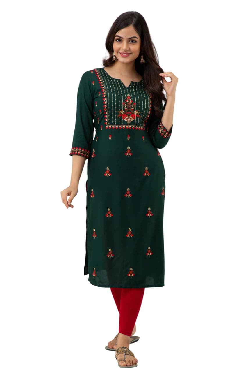 Nishabd Women's Rayon Embroidery Straight Round Neck Calf Length Kurta, NS011NAVYBLUE-XXL