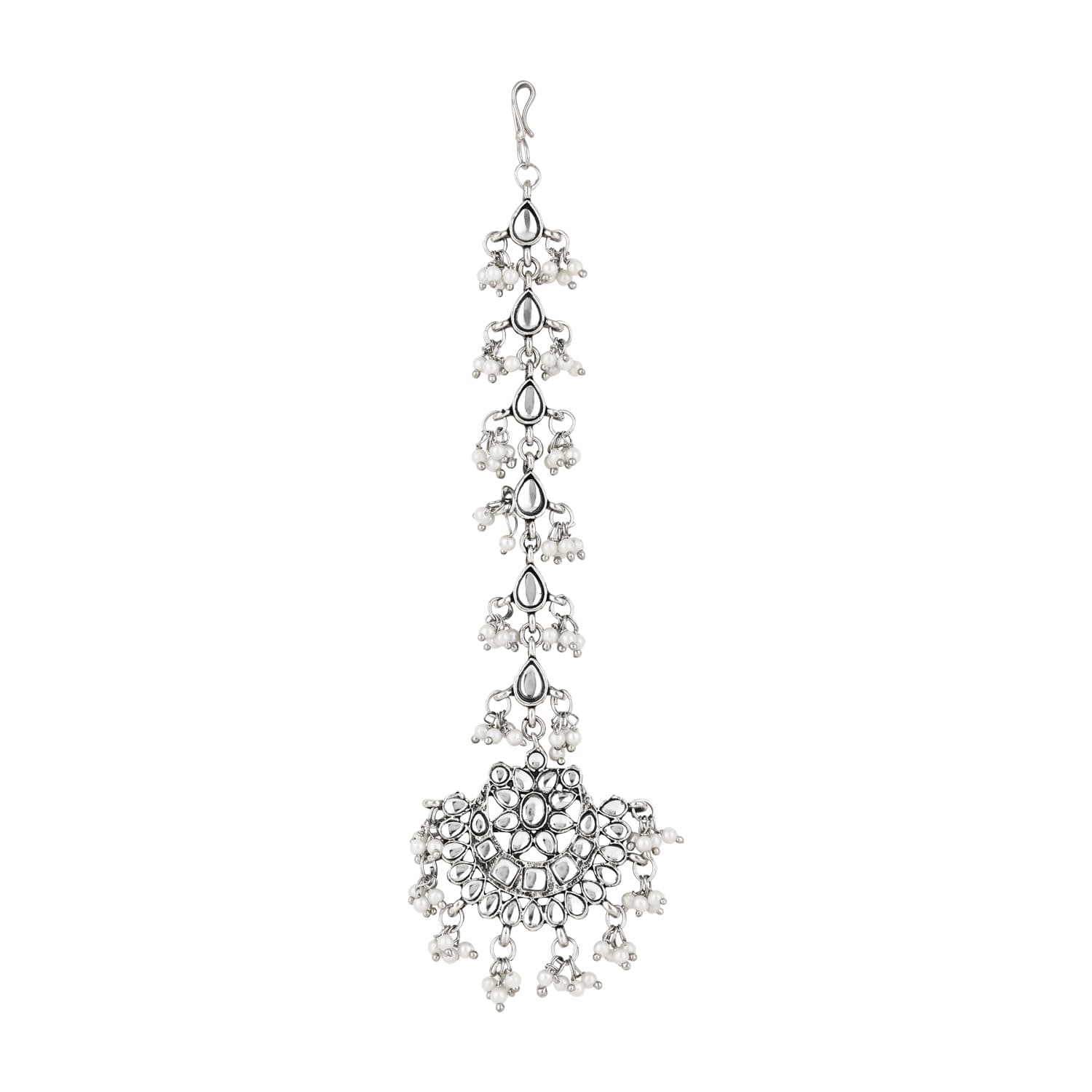 I Jewels Navratri Ethnic Silver Oxidised Kundan & Pearls Maang Tikka for women (T2141OX)