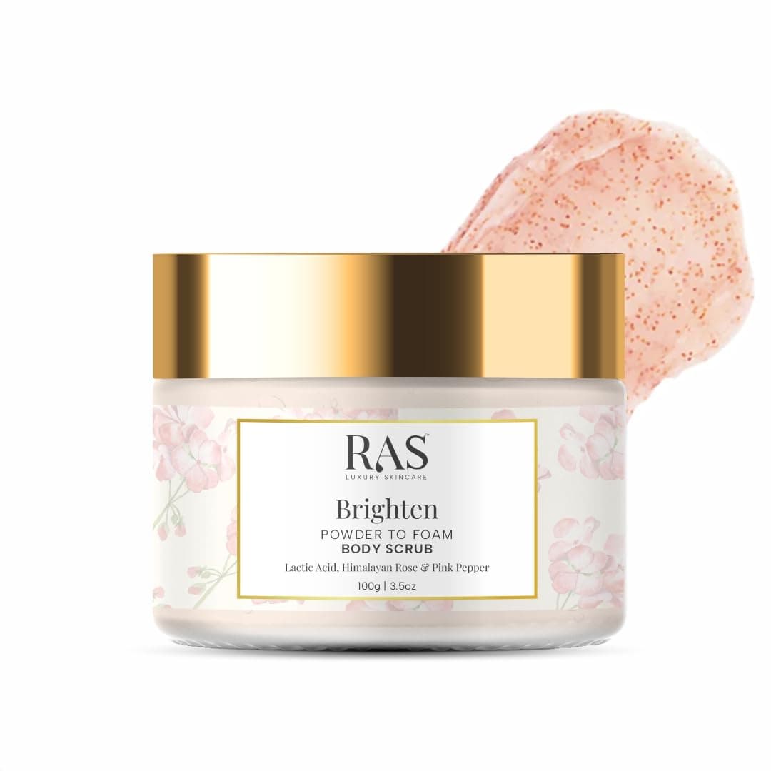 RAS Luxury Oils Brighten Exfoliating Powder to Foam Body Scrub | Tan Removing & Gentle Exfoliation | Orange, Himalayan Rose & Pink Pepper | For Men & Women | Vegan, Toxin & Cruelty Free | 100g