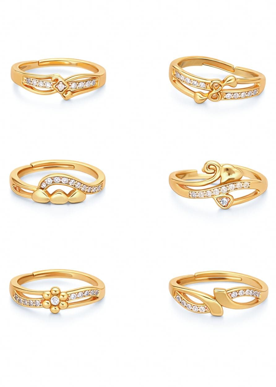 Brado Jewellery combo of 6 Gold Plated ad american diamond Adjustable free size Rings Combo for Women & Girls | Stylish Fancy Ring Set | Heart & Stone Design | for Daily use (JR 7)