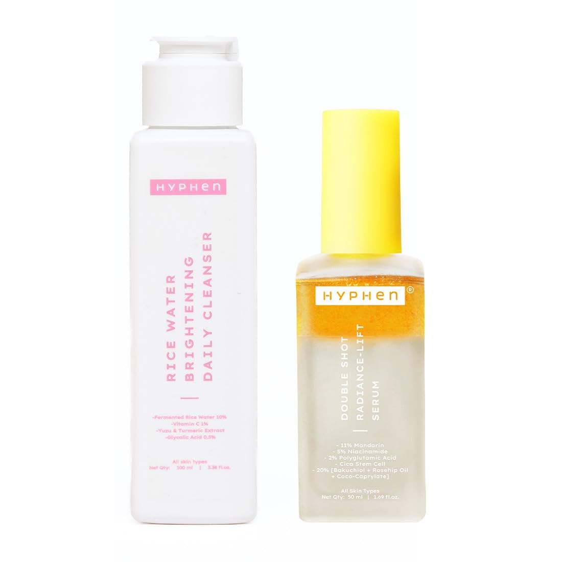 Hyphen Double Brightening Cleanse & Treat Combo |10% Rice Water Face Wash & 18% Brightening & 20% Collagen Boost Face Serum | Brightens & Treats Pigmentation | All Skin Types (Pack of 2)
