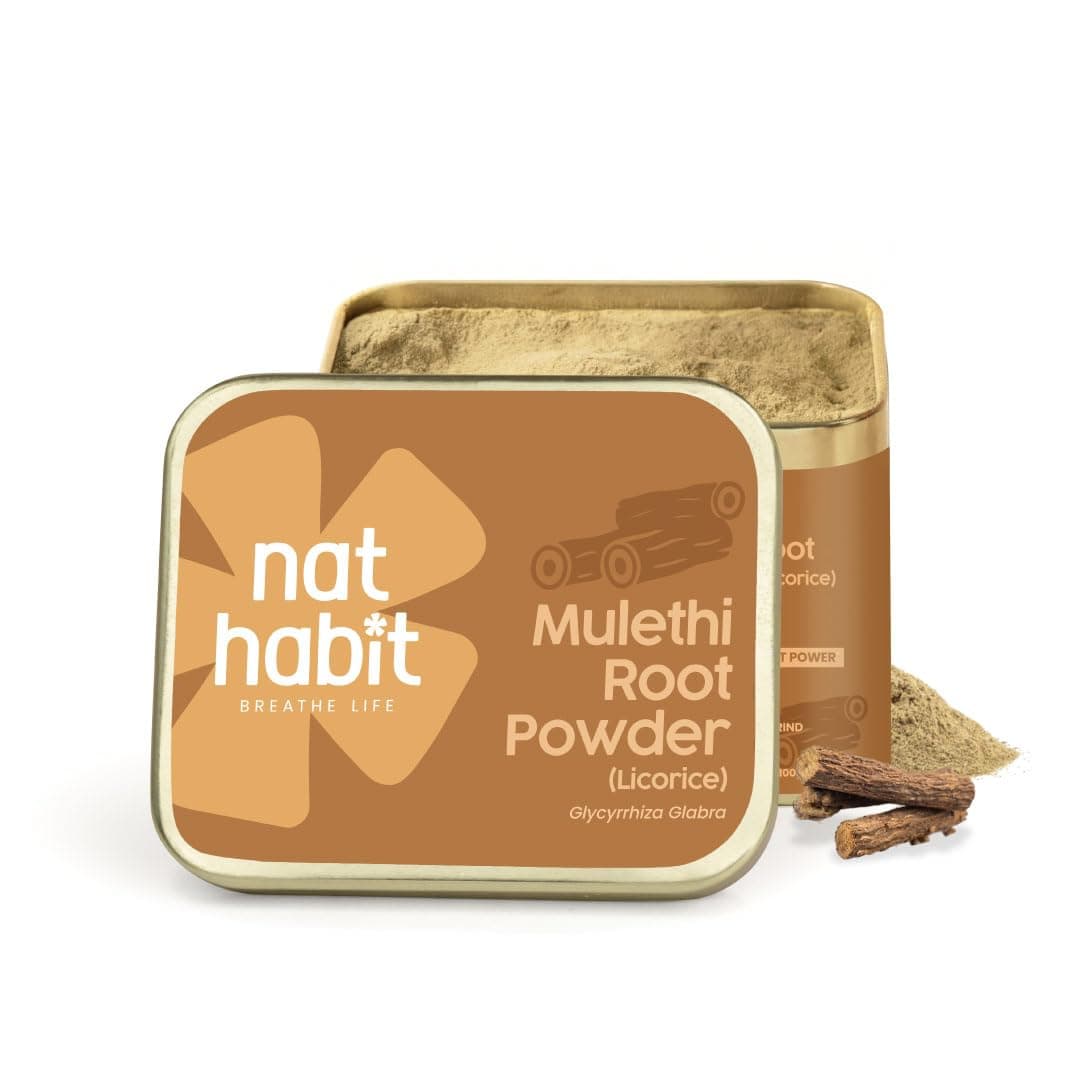 Nat Habit 100% Pure Mulethi Root Powder 100g | Glycyrrhiza Glabra Licorice | 1.5X Antioxidant Power with Nutri-Preserve Technology | Ultra Fine Grind for Glowing Skin & Hair Conditioning