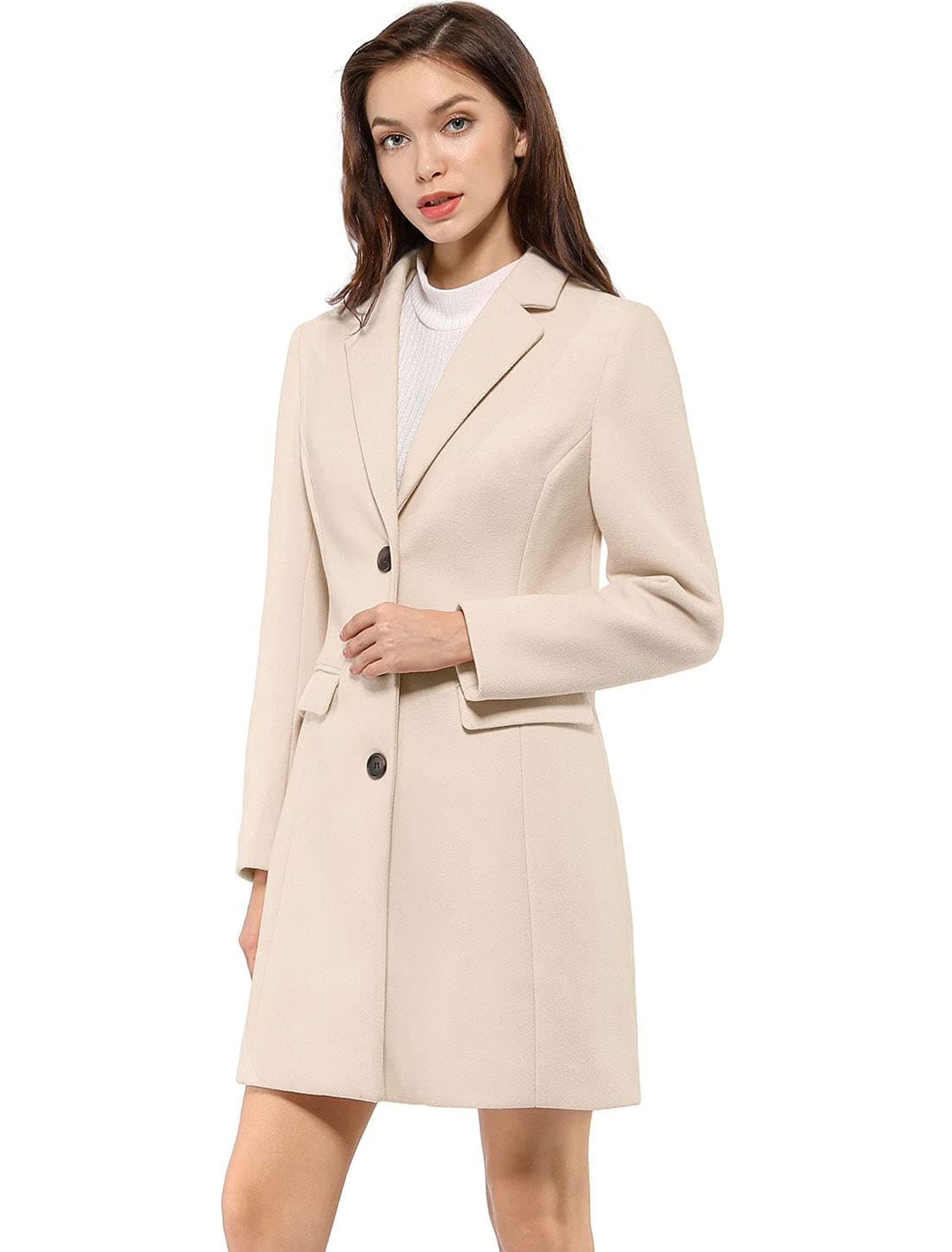 Allegra K Women's Notched Lapel Single Breasted Outwear Winter Coat M Cream White