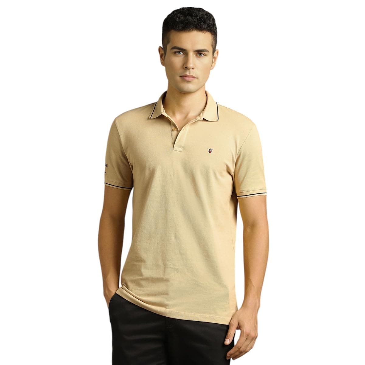 Louis Philippe Men Beige Solid Polo Neck T-Shirt