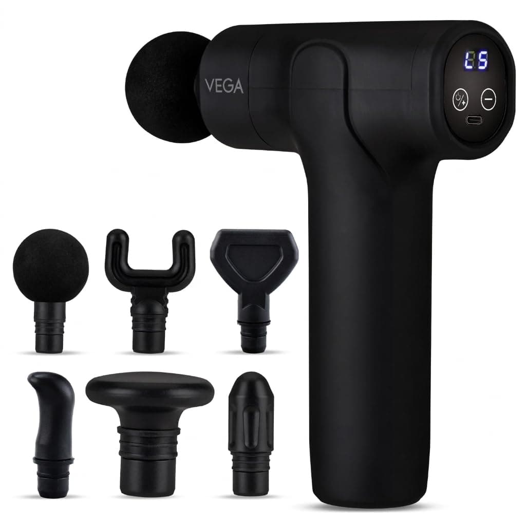 Vega Hand Massage Gun for Body Pain Relief — Deep Tissue Percussion Massager with 3,800 Strokes/Min, 6 Heads, 6 Speed Touch Display, USB-C, 45dB Quiet for Neck Back Shoulder Leg Men Women, (VHMG-01)