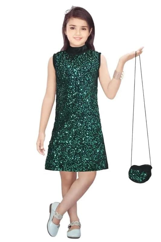 4YOU DRESSES Beautiful Sparkle Velvet Knee-Length Frock With Bag For Girl (2-3 Years, Sparkle Green)