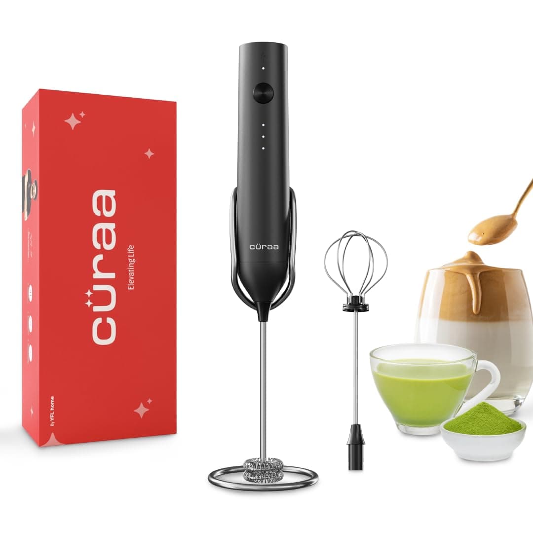CÜRAA Milk Frother for Coffee | Rechargeable, 3-Speed Electric Frother with Stand | Handheld Coffee Beater for Lattes, Cappuccino & Hot Chocolate | By Chef Sanjyot Keer