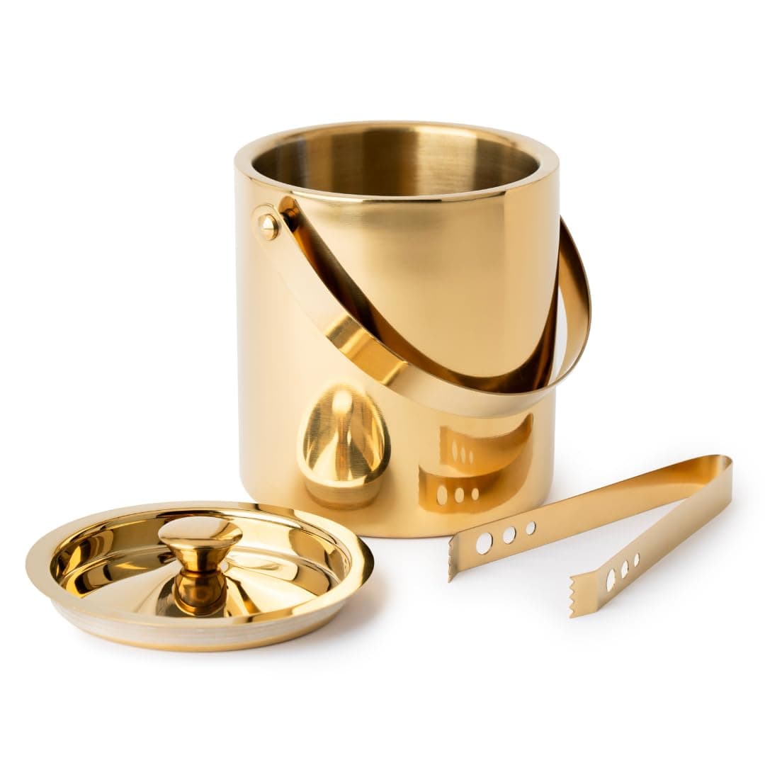 Exclusivish Shiny PVD Gold Stainless Steel Double Walled Ice Bucket with Tong (1.7 litres) | Insulated Ice Box Small, Ice Cube Box | Wedding for Couple, Home Bar Gift Set
