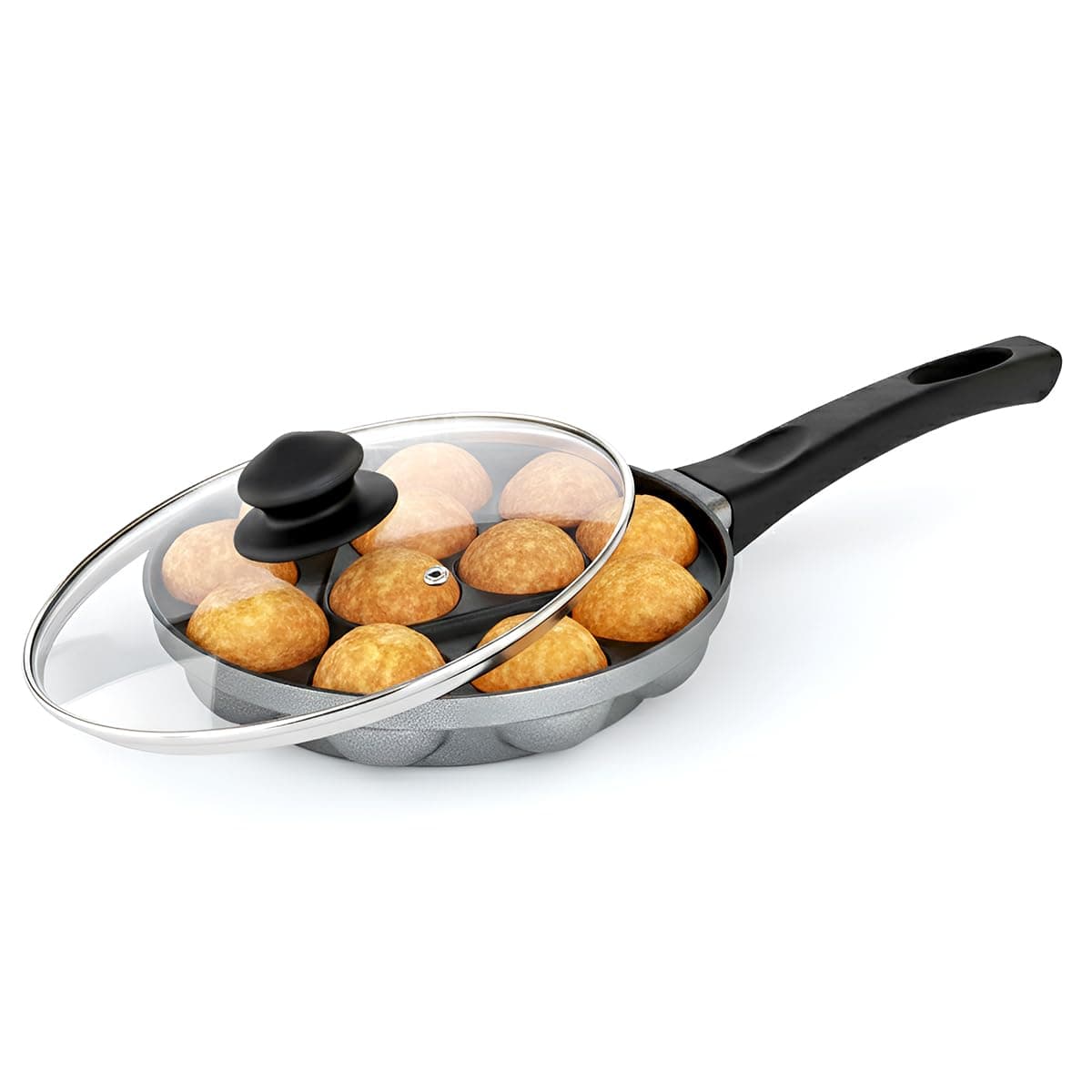Omega Select Plus Non-Stick Paniyarakkal with lid (Appe Maker)|20cm|Residue Free Coating |Metal Spoon Friendly | Ergonomic Handle