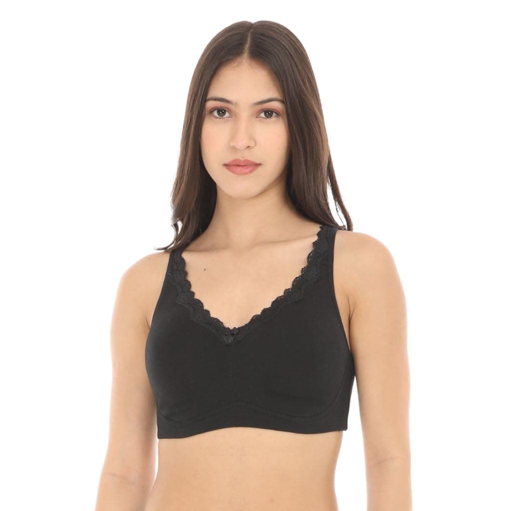 ADIRA | Daily Use Bra for Women | No Lift, Full Coverage Support | Wire-Free & Non-Padded | Seamless Cups with Lace Detailing | Hidden Side Panels, No Center Panel | Pack of 1 | Black | 36B