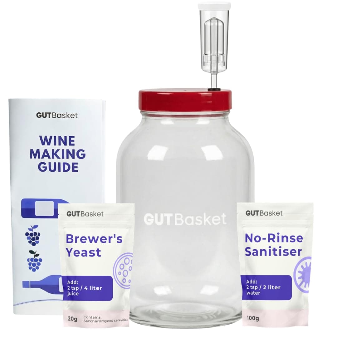 GUTBasket Wine Making Kit - Makes 20L Wine, Fermentation Jar 4 L, Wine Yeast, Airlock and No Rinse Sanitiser- Complete DIY Home Brewing Kit