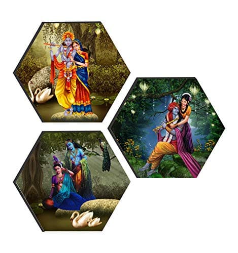 SAF paintings Set of 3 Hexagon Radha Krishna UV Textured Self Adessive Painting 17 Inch X 17 Inch SANFHX30041