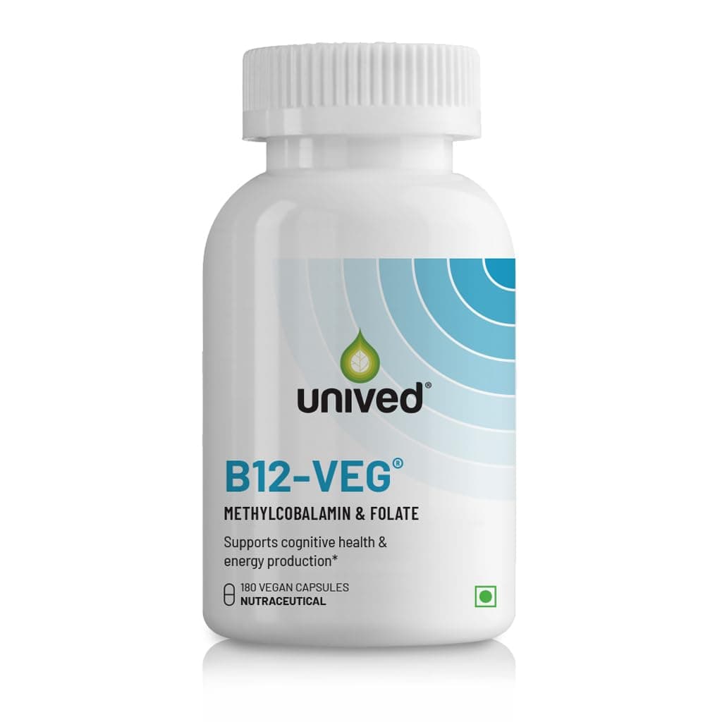 Unived Vitamin B12 Veg, Methylcobalamin (98%), with Methyltetrahydrofolate (5-MTHF), Brain Cells & Nerve Tissue Support, 180 Capsules