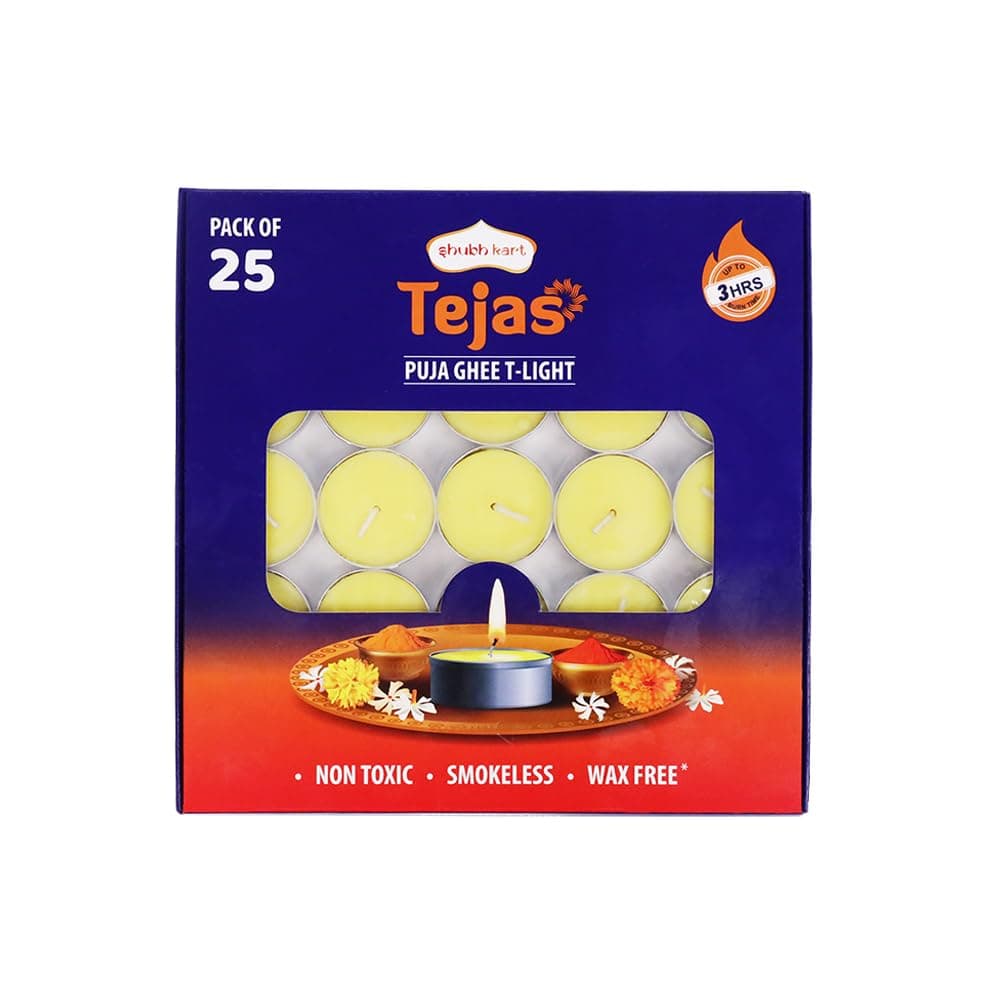 Shubhkart Tejas Puja Ghee T-Light Candles 25N | Non Toxic Smokeless & Wax Free Tea Light Candles Ideal for Home Decor, Puja | No Residue Long Lasting| 3 Hours Burn Time (Set of 25)