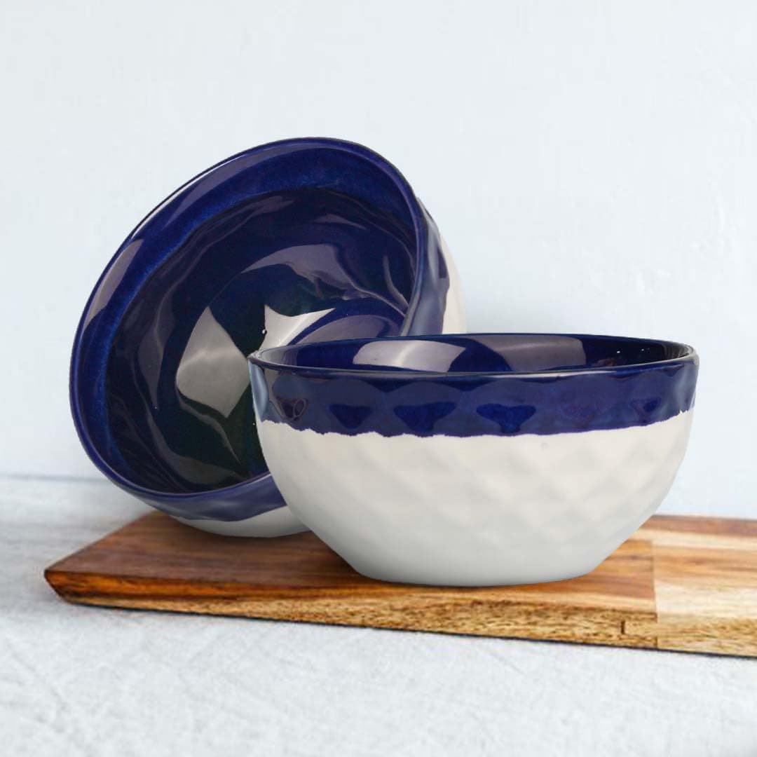 The Earth Store Studio Pottery Dual Tone White Blue Ceramic Bowl, 450ML Each - Multipurpose Snack, Dishwasher & Microwave Safe| Perfect for Christmas | New Year | Daily Use