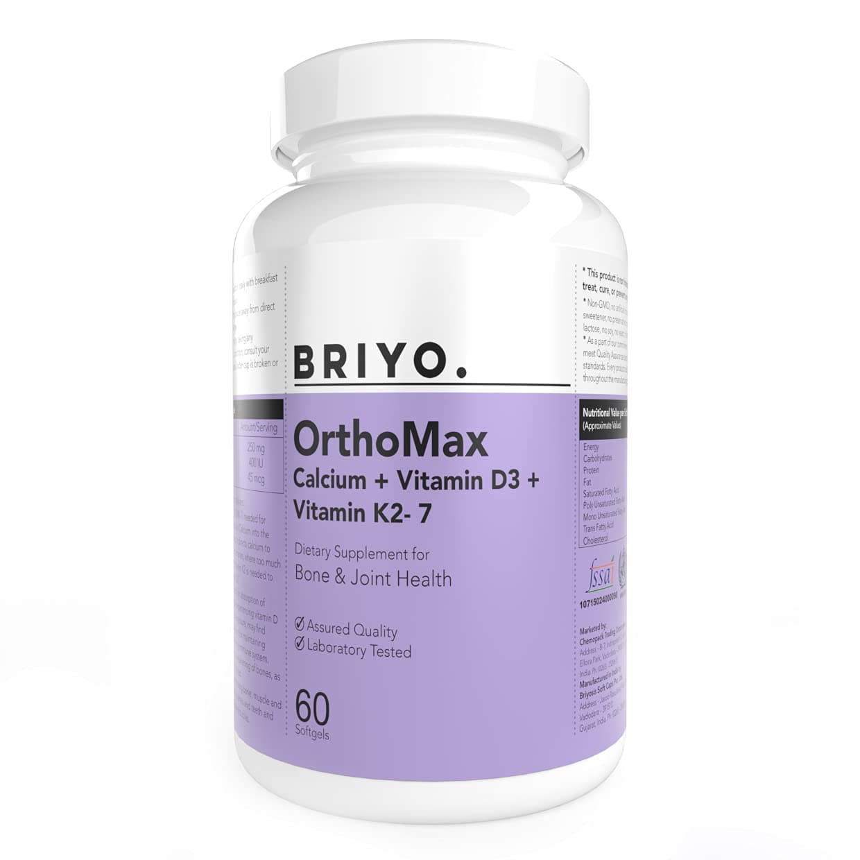 Briyosis Orthomax - Vitamin D3 & K2-M7 + Calcium Dietary Supplement for Bone Health, Stronger Bones, Teeth, Muscles & Immunity Calcium Supplement Absorption
