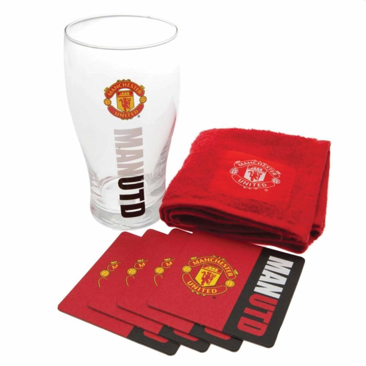 Manchester United Bar Set (5 Pieces, Red) - Official Mini Bar Set with Pint Glass, Towel, 4 Coasters