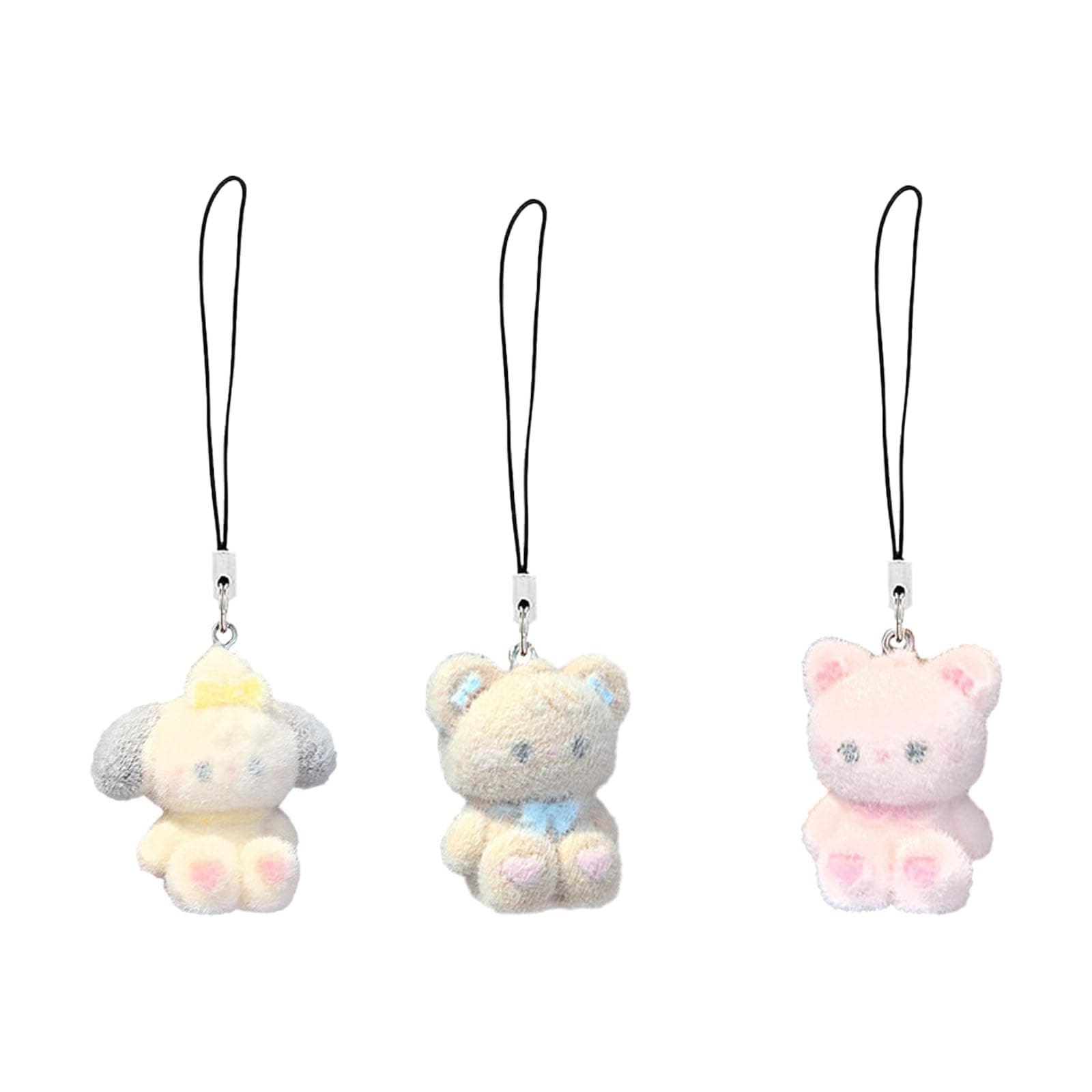 Fianoeir 3 Pcs Phone Charm, Cute Keychains for Girls, Aesthetic Bag Charms, Plush Keychain Set for Phone, Purse, Backpack, Car Interior, Gift for Friends, Cat, Dog, Bear Design