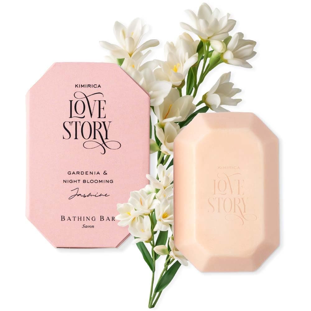 Kimirica Love Story Hydrating Shea Soap | Jasmine & Gardenia Perfumed Bathing Bar | Rich Creamy Texture & Gentle Cleansing | Enriched with Ginkgo Biloba, White Tea Extract & Shea Butter | 100% Vegan