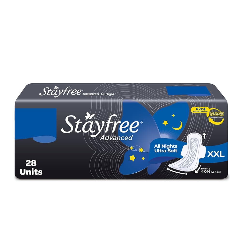 Stayfree Advanced XXL All Night Sanitary Pads For Women | 28 Pads | Soft Cover | 2x Coverage for All Round Protection | Helps Prevent Rashes & Skin Irritation
