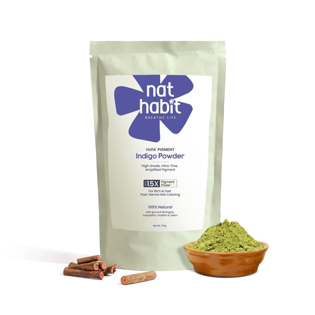 Nat Habit Organic Indigo Powder, Natural Hair Color for Black Hair, HUFA, Indigo Leaf Powder for Rich and Fast Post-Henna Coloring, Chemical Free (Pack of 1 X 170g)