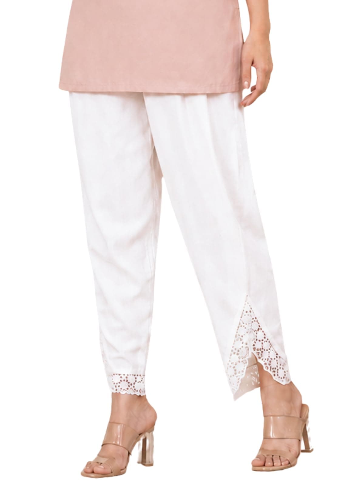 Leriya Fashion Trousers for Women | White Cotton Ethnic Palazzo Pants with Lace Embroidery | Elastic Waist Wide Leg Casual Women Trousers | Comfortable Summer Woman Trouser Pants