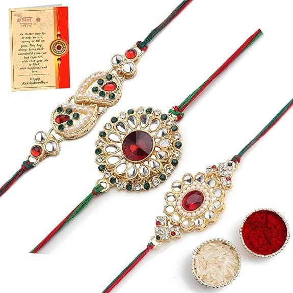 SKYTRENDS Mens Rakhi For Brother Gold Plated With Diamond Designer Rakhi Combo Pack Of 3 With Greeting Card And Roli Chawal Pk-09