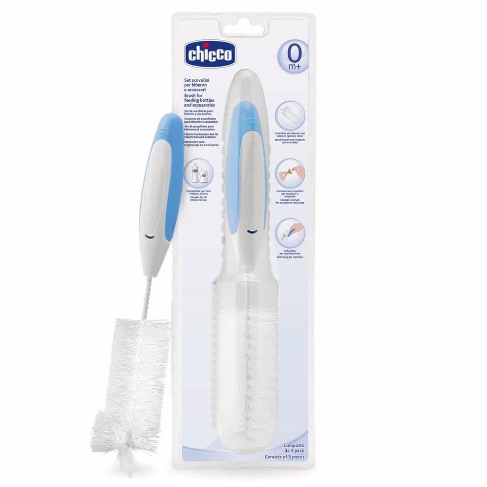 Chicco Baby Bottle Cleaning Brush with 360 degree cleaning I Soft Nylon Bristles I Anti Slip Handle I Bottle Nipple & Straw Cleaner Set I Easy to Clean Corners I BPA-Free (Blue-Pack of 1)