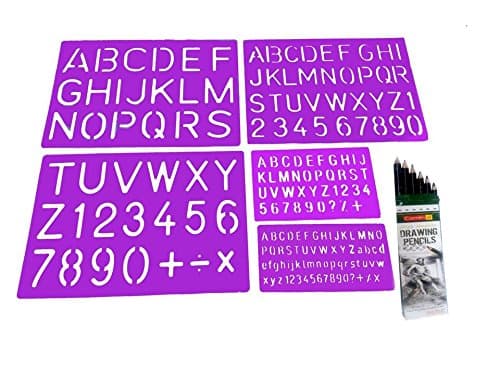 Designers Point Alphabets Lettering Stencil, 10mm-15mm-30mm-40mm with Drawing Pencil - Set of 6