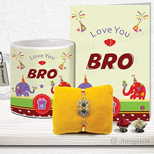Jhingalala ® Rakshabandhan Gift Pack for Brother (Designer Rakhi with Roli Chawal, Love You Bro Printed Coffee Mug, and Raksha Bandhan Greeting Card)