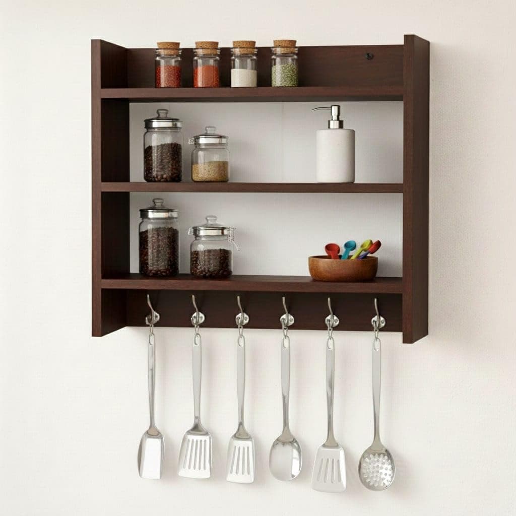 FireBees Wall Mounted Kitchen Organizer Rack Wooden with Hooks | Kitchen Shelf Storage Rack for Spices, Containers & Utensils | Wooden Kitchen Rack Wall Mounted | Kitchen Wall Storage Shelf