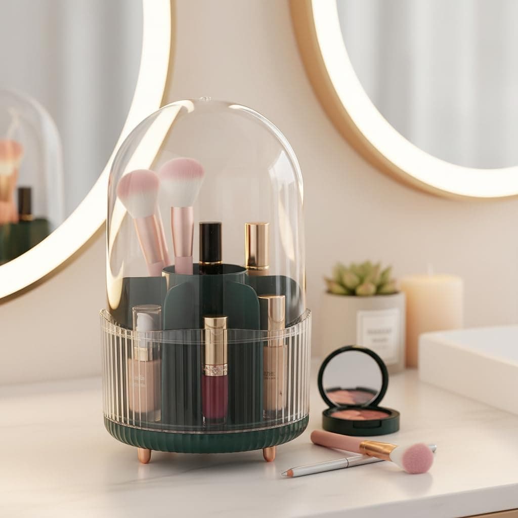 GINOYA BROTHERS 360° Rotatable Makeup Organizer with 7 Compartments | Cosmetic Storage Holder for Brushes, Skincare & Perfumes | Space-Saving Vanity & Dressing Table Organizer