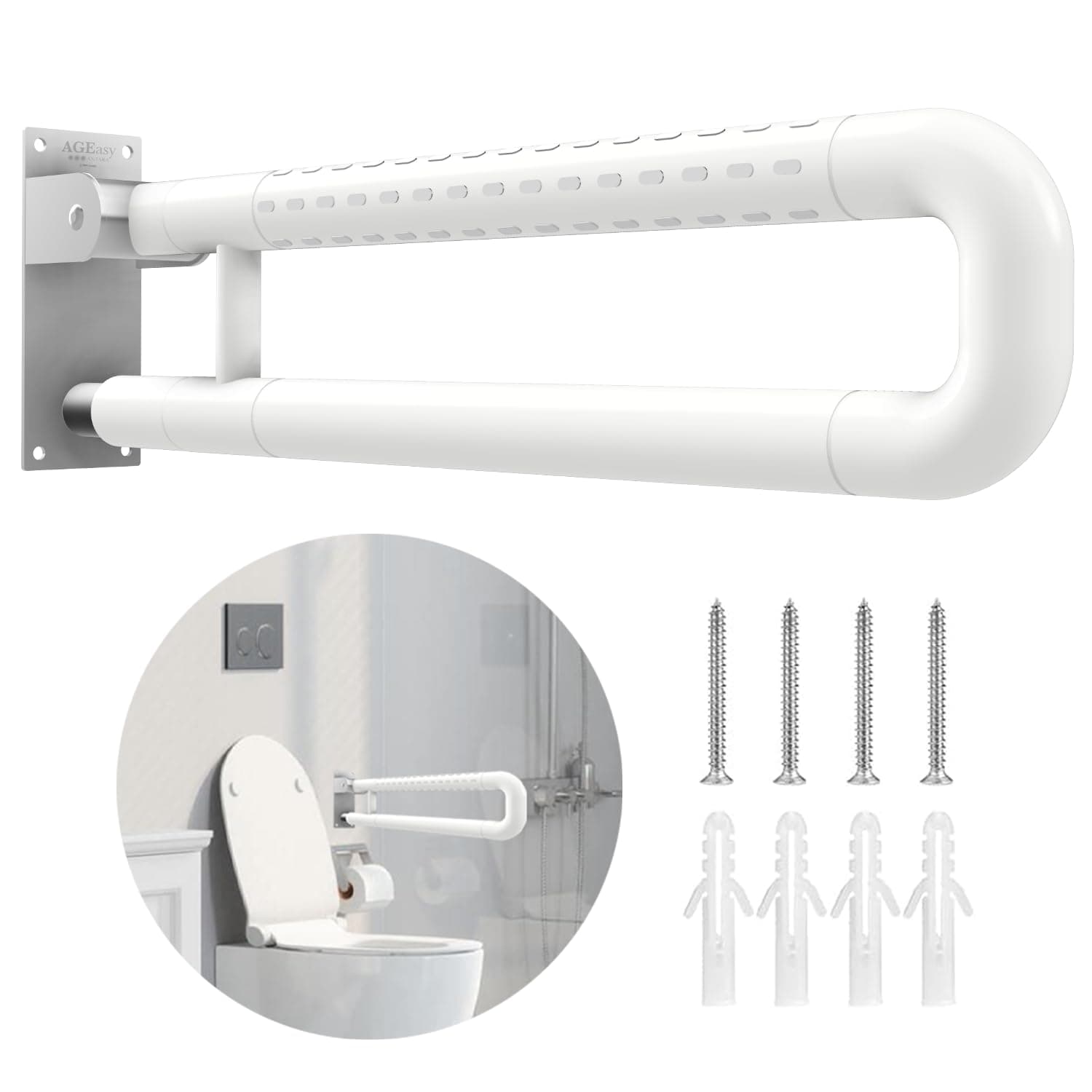 AGEasy (Max Group) Stainless Steel Flip Up Grab Bar with Anti-Slip Nylon Grip -17 inches | Mobility Assistance, Ideal for Shower, Toilet & Bedside - Bathroom Safety Bar for Elderly