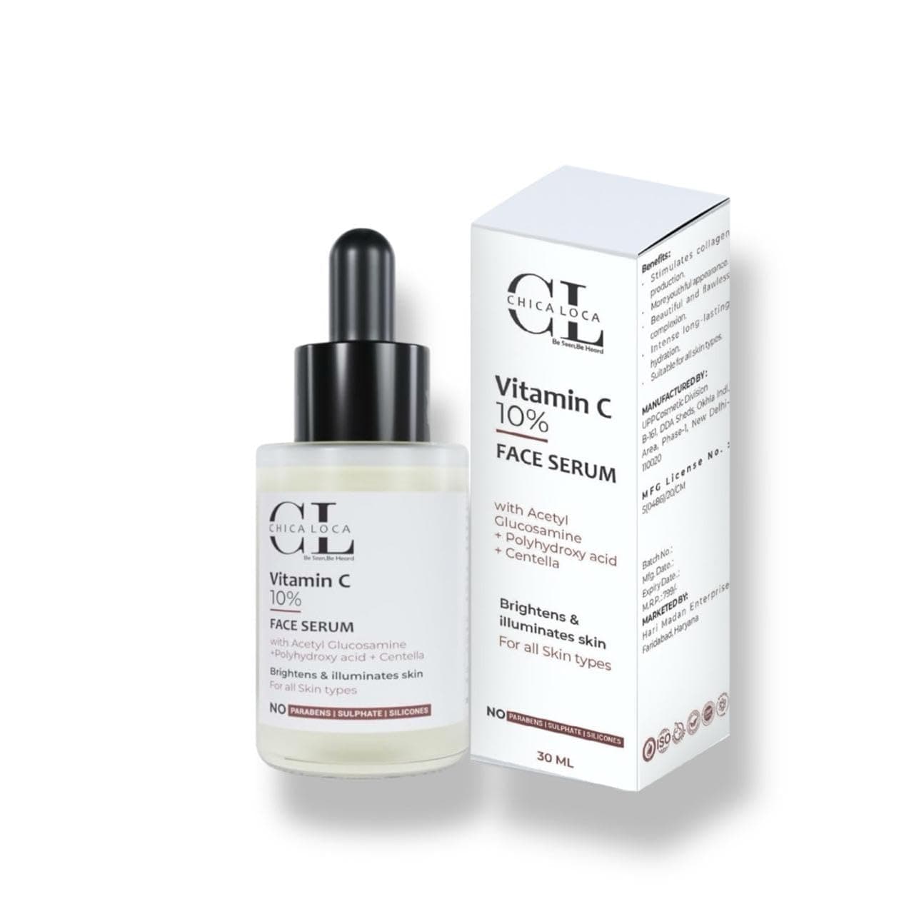 Chica loca Dull Skin, Dark Spots & Uneven Tone Treatment 10% Vitamin C Face Serum | Formulated & Tested for Sensitive Skin with Ethyl Ascorbic Acid & Pha | All Skin Types|For Men & Women | 30Ml