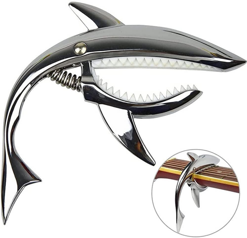 Flare Zinc Alloy Guitar Capo Shark Capo for Acoustic and Electric Guitar with Good Hand Feeling, No Fret Buzz and Durable (Silver)
