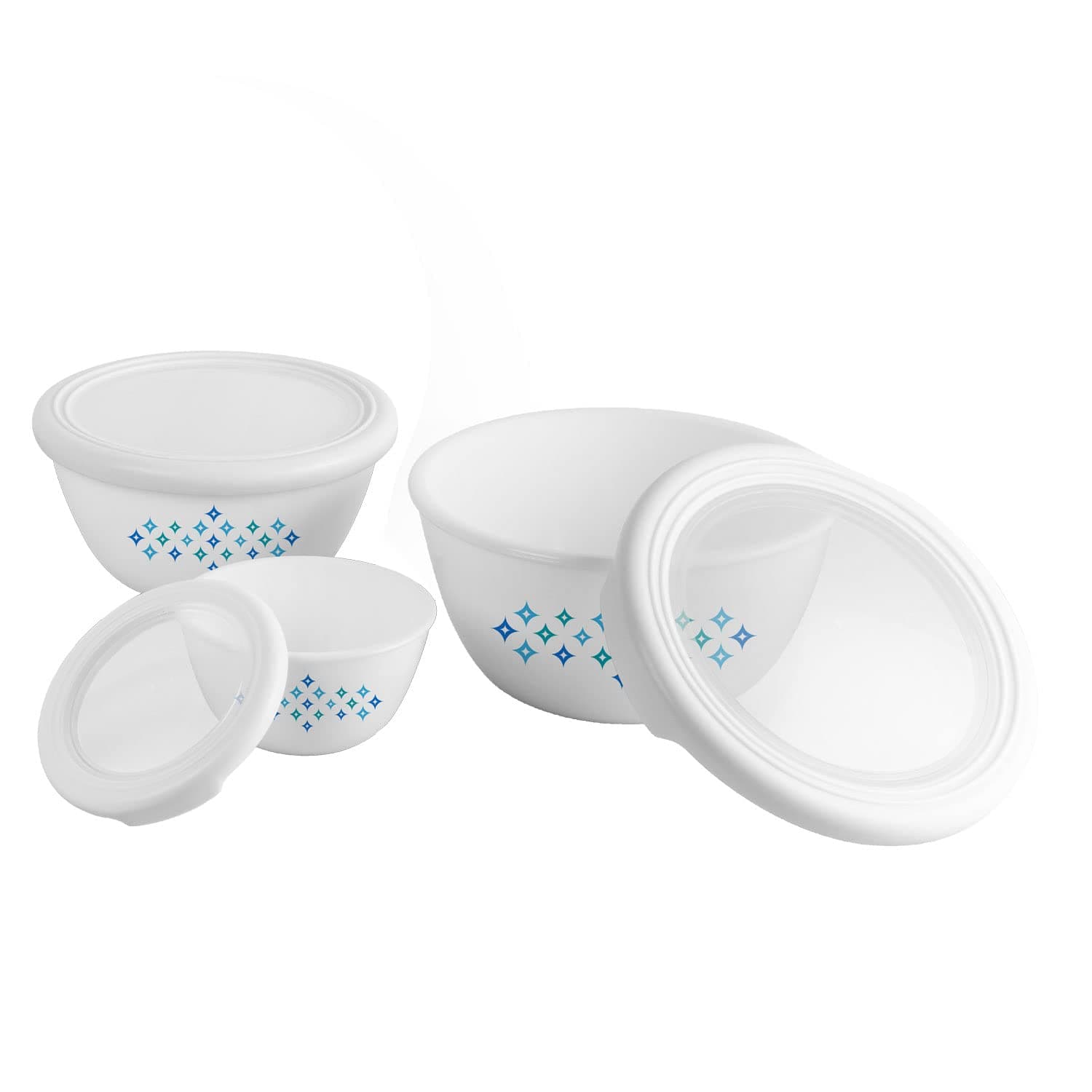 CELLO Opalware Royale Cool Star Mixing Bowl Set with Lid | Thermal Resistant & Light Weight | Dishwasher & Microwave Safe | (500ml, 1000ml,1500ml), 3 Units, White