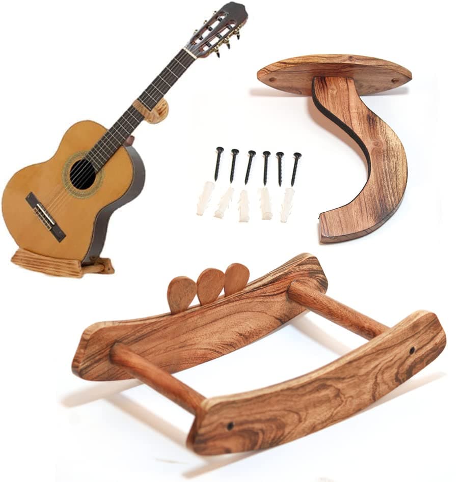 Star Wood Craft Horizontal Guitar Stand - Wooden Wall Mount Hanger for Acoustic, Electric, Classical, and Bass Instruments - Slatwall Holder Rack Hook (Neem Wood)