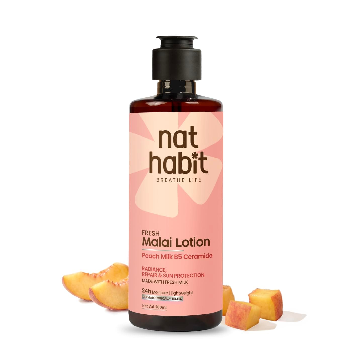 Nat Habit Fresh Peach Milk Malai Lotion with Pro-Vitamin B5 & Ceramide | 24H Deep Moisturization & Sun Protection | 100% Natural, Glycerin-Free Face & Body Moisturizer | 200ml