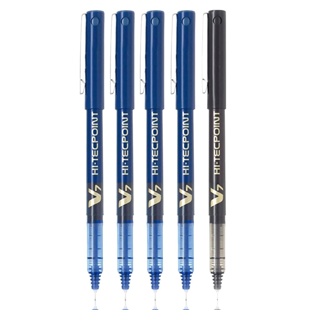 Pilot Hi-Tecpoint V7 0.7mm Fine Point Pure Liquid Ink Roller Ball Pen | Pack Of 5 (4 Blue + 1 Black)