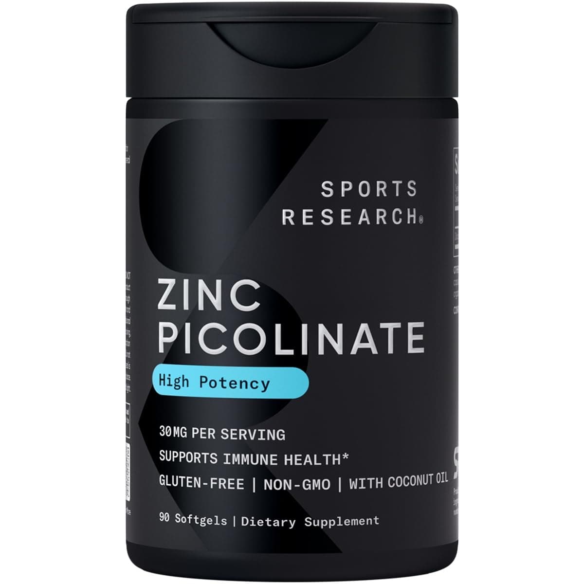 Sports Research High Potency Zinc Picolinate 30mg with Organic Coconut Oil Highly Absorbable Zinc Supplement for Healthy Immune & Enzyme Function - Non-GMO Tested & Gluten-Free (90 Liquid Softgels)