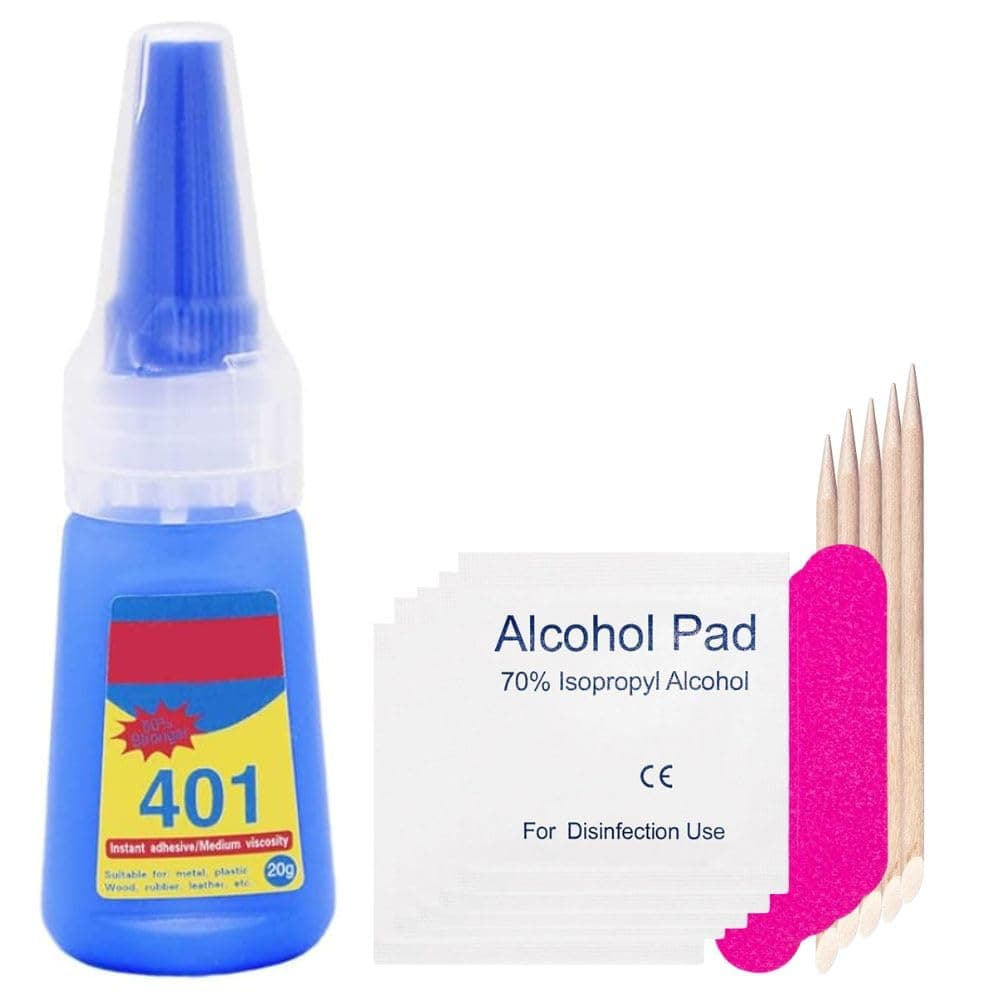 Thr3e Strokes 401 Nail Glue, Nail Glue - Super Glue Stronger For Artificial Or Fake Nails,Nail Art 20g - Rapid Fix Adhesive Quick Dry, Clear, with 5 Mini Fillers, Orange Sticks and Cleansing Pads