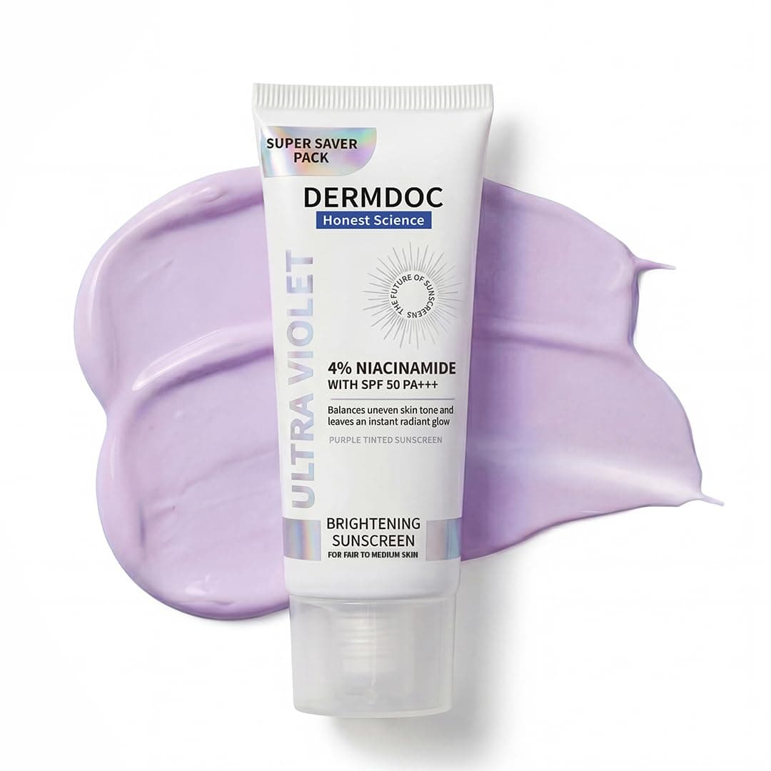 DERMDOC SPF 50 Ultra Violet Brightening Tinted Sunscreen with 4% Niacinamide, 100g | PA +++ | With Purple Tint | Evens Skin Tone | Lightweight | UVA & UVB Protection | Zero White Caste | Strengthens Skin Barrier | Ultra-Light & Non-Greasy