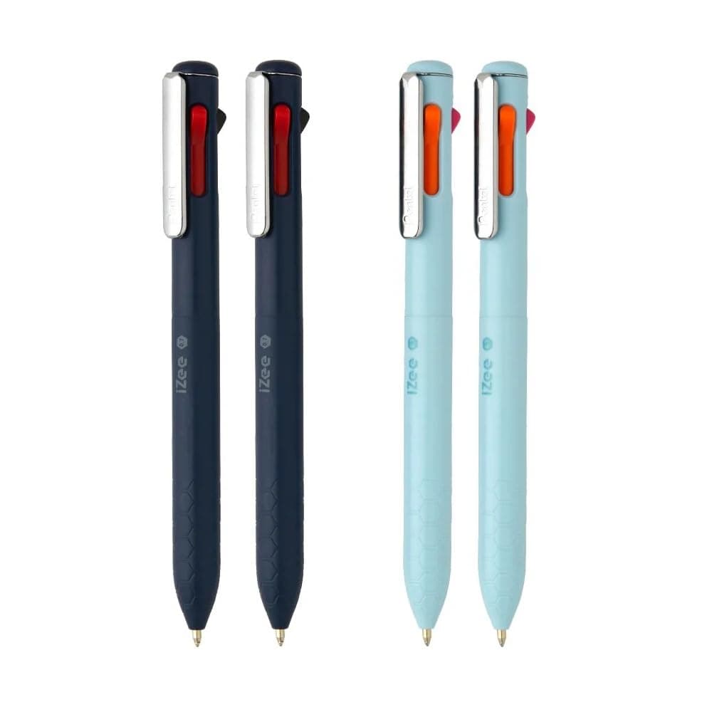Pentel iZee 4 in 1 Color 1.0mm Ballpoint Pen Combo | Attractive Honeycomb Finger Grip with Smooth Flowing, Oil Base Ink | Dark Blue Barrel & Light Blue Barrel | Multicolour Ink, Pack of 4