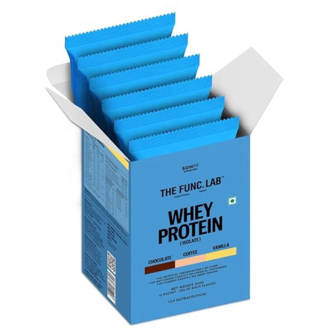 The Func. Lab Whey Protein Isolate - Assorted Flavour Travel Packs | 6 Sachets (35g each) | Grass‑Fed, 29-30g Protein per Scoop | High Protein Supplement with Digestive Enzymes for better Absorption