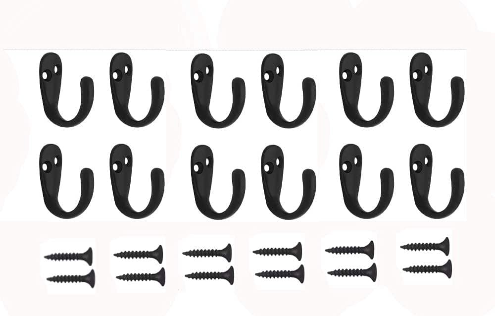 GAIYERA Heavy Duty Dual Coat Hooks Wall Mounted, 12 Pack Single Prong Retro Utility Rustic Hooks for Coat, Scarf, Bag, Towel, Key, Cap, Cup, Hat (Black)