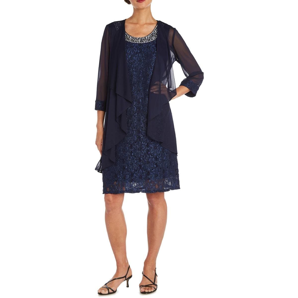 R&M Richards Women's Two Piece Fly Away Jacket Over Beaded Neck Laced Dress, Navy, 14